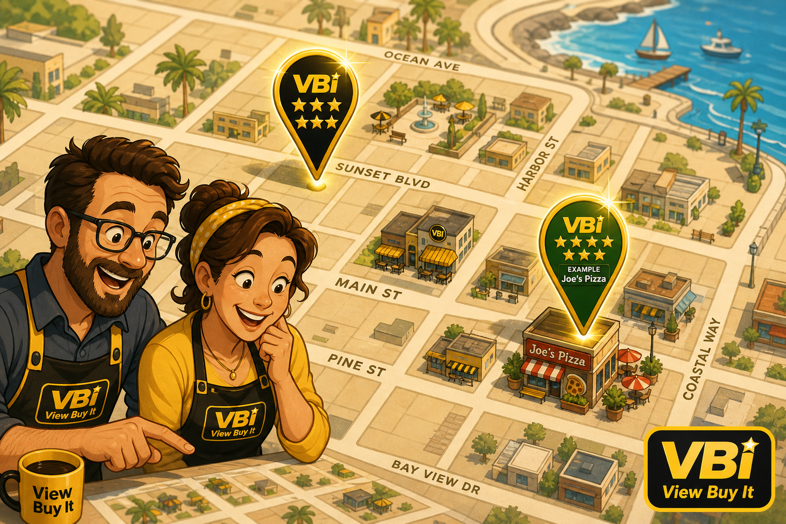 Cartoon shopkeepers looking at Gold 6-Star and Seven-Star pins on a town street grid. Joe's Pizza EXAMPLE — paid View Buy It listing, not a Google review
