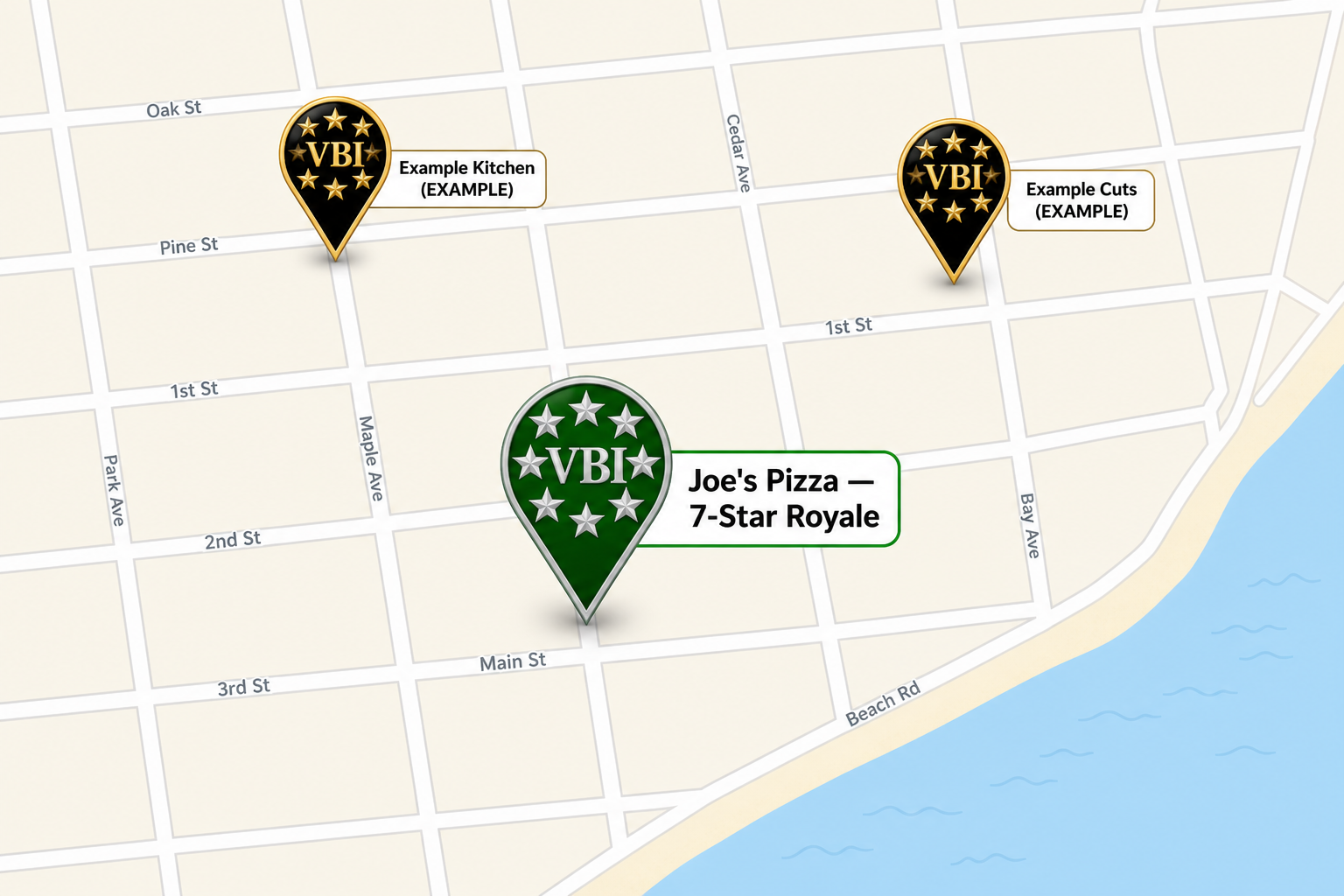 Street grid EXAMPLE: Joe's Pizza 7-Star Royale pin, Example Kitchen and Example Cuts — paid View Buy It listings, not Google reviews